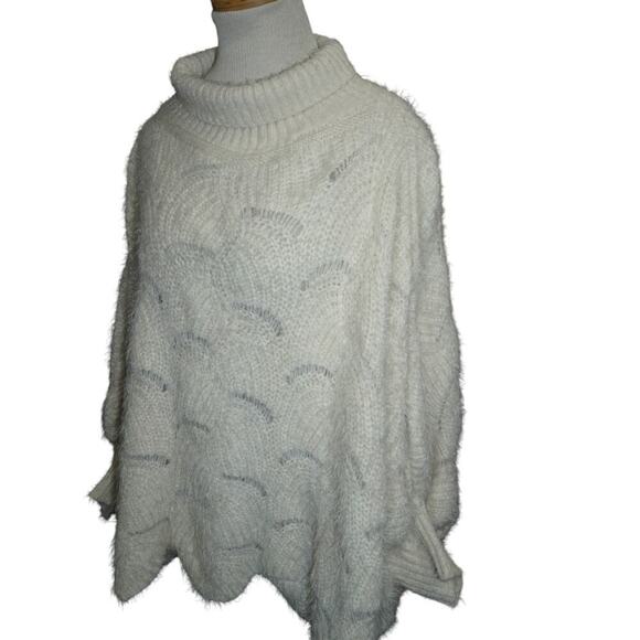 Anthropologie Cream Knit Oversized Sweater Poncho One Size Cozy Fuzzy Pullover - Picture 7 of 12